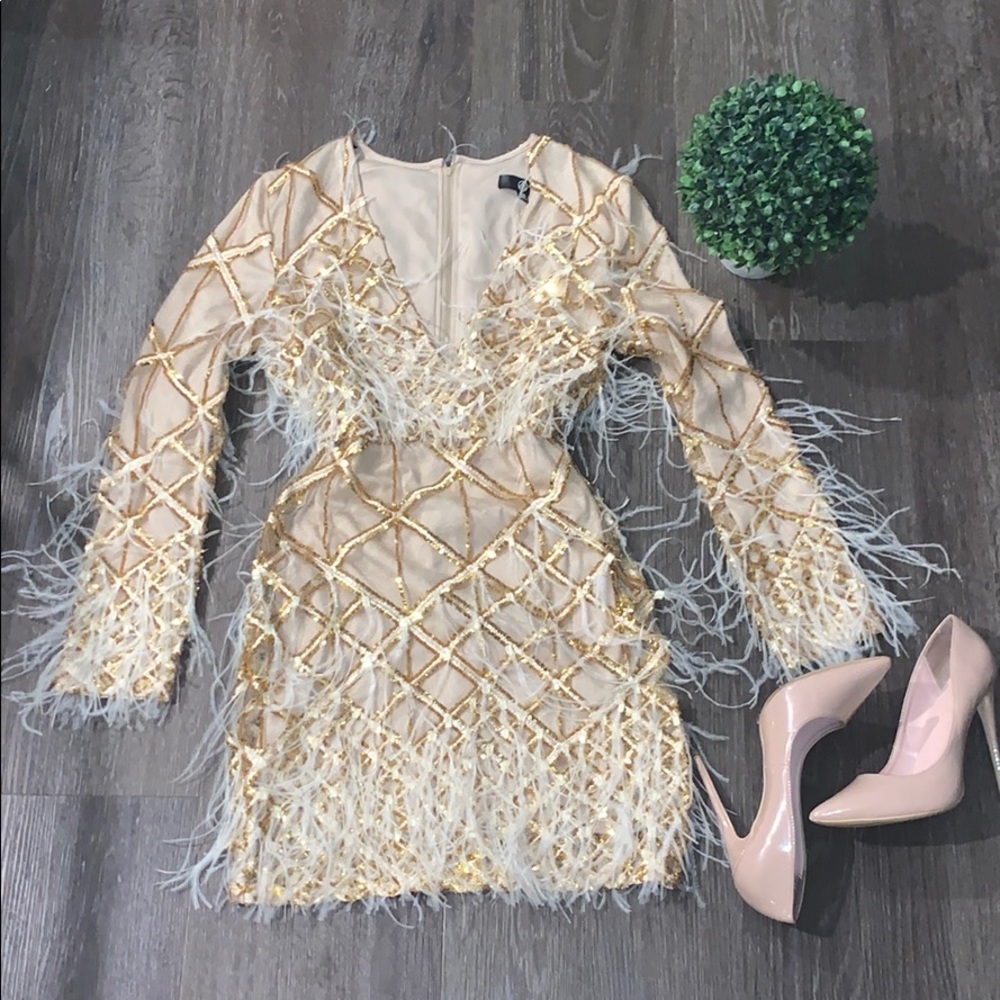 Missguided Gold Sequin Feather Mini Dress